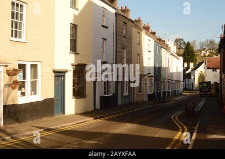 A view of Houses along Bridge Street in Chepstow, South Wales, UK, close to Chepstow Castle and Museum Stock Photo