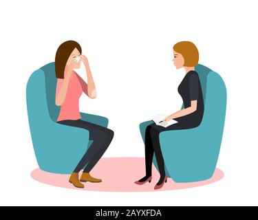 Psychotherapy session vector illustration. Woman psychologist and crying woman patient. Work with feelings and emotions, society psychiatry concept Stock Vector