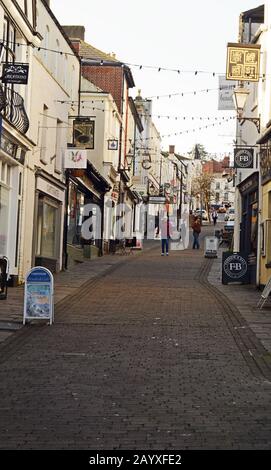 Chepstow. The cobbled St. Mary Street in the picturesque Welsh border town of Chepstow, Monmouthshire, looking from Upper Church Street. Stock Photo