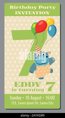 Birthday anniversary party invitation pass ticket with cute hippo vector template 7 years old. Card with happy animal and air balloons illustration Stock Vector