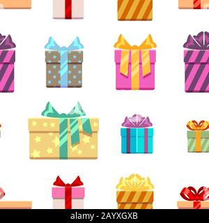 Premium Vector  Seamless pattern of gift boxes and gift card with beige  leaves flat vector illustration on blue background.