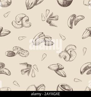 Nuts hand drawn doodles seamless pattern. Almond and pecan nut, endless pattern with nuts illustration Stock Vector