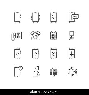 Phone, telephone, smartphone devices and communication vector line icons. Phone smartphone and mobile phone communication, device technology illustration Stock Vector