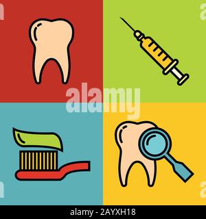 Dentistry medical cartoon icons on color background. Colored dental elements. Vector illustration Stock Vector