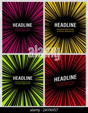 Radial manga graphic speed frames superhero action explosion set. Vector layout for comic books. Poster with radial pattern and abstract retro radial backdrop on page illustration Stock Vector