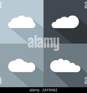 White cloud icons with long shadow. Flat cloud for emblem weather. Vector illustration Stock Vector