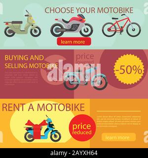 Motorcycles banners vector. Motorbike choose rent and buy banners Stock Vector