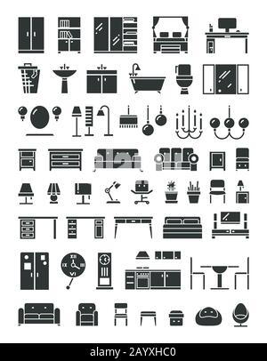 Home furniture vector icons. Set of furniture for home and office, illustration furrniture table bed and armchair for room Stock Vector