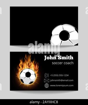 Soccer black business card template. Soccer ball in fire. Vector illustration Stock Vector