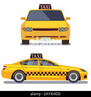 Taxi car on white vector illustration. Taxi car front and side view Stock Vector