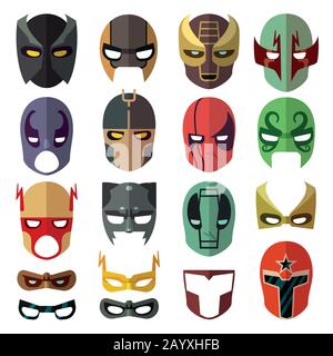 Superhero masks. Heroic costume mask of set and cartoon mask for superhero. Vector flat collection Stock Vector