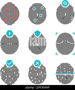 Fingerprint vector icons. Identity finger print or thumbprint set, security biometric symbols Stock Vector