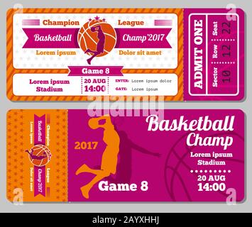 Modern basketball ticket vector template. Ticket for stadium to basketball play match. Competition tournament and basketball champ game illustration Stock Vector