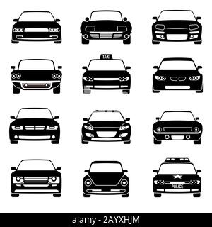Cars in front view black vector icons. Automobile black and car taxi transport. Police car vehicle illustration Stock Vector