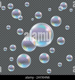 Soap bubbles on transparent background. Realistic transparent vector soap bubbles with rainbow reflection and glares on checkered background Stock Vector