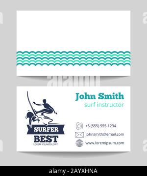 Surf instructor business card template with logo. Design of card for instructor. Vector illustration Stock Vector