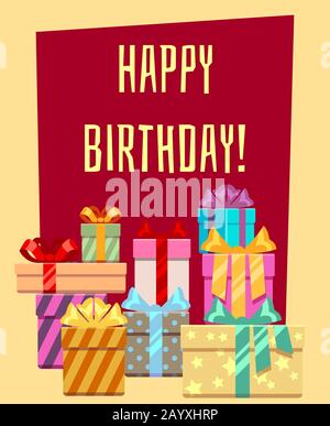 Happy birthday greeting card with a heap of gift boxes. Happy greeting banner for celebration, vector illustration Stock Vector