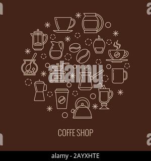 Coffee outline icons in circle design. Trendy thin line logo for cafe. Aromatic of mug cappuccino or latte, vector illustration Stock Vector