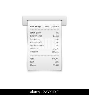 Sales printed receipt, shopping paper bill atm vector mockup. Paper check and financial check isolated Stock Vector
