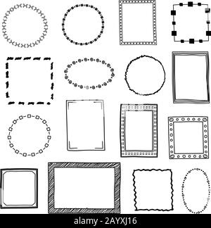 Hand drawn doodle frames, borders vector set. Frame sketch for decoration, drawing frames in form square and circle illustration Stock Vector