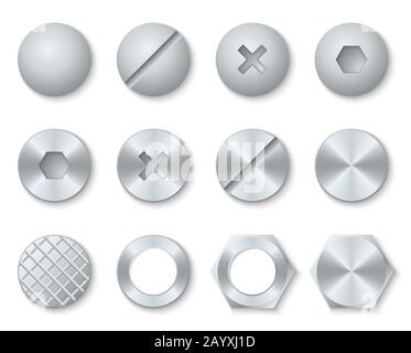 Steel screws, nuts, bolts, rivets heads vector. Set of fixing accessories illustration Stock Vector