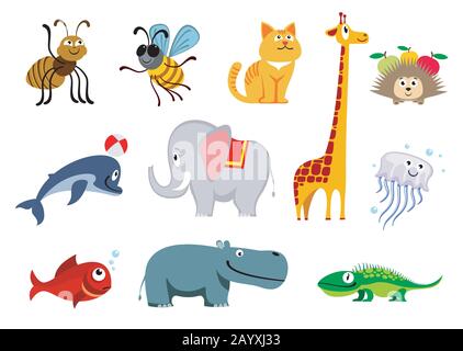 Zoo animals vector set. Wild isolated animal elephant and giraffe, illustration aniomals character hippo and dolphin Stock Vector