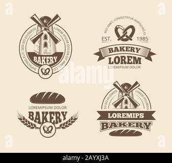 Retro bread bakery old style logos labels badges emblems. Badge and sticker for bakery bread, product bread label illustration Stock Vector