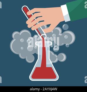 Chemistry, chemical experiment vector illustration. Hand with bulb and test-tube. Science experiment or research medical test Stock Vector