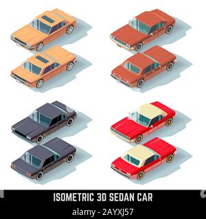 Isometric 3D sedan car, city transport vector icons. Transport car for traffic, auto car set isometric icon illustration Stock Vector