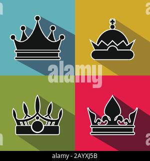 Black crown icons with long shadow on color background. King and prince, royal crown element, vector illustration Stock Vector