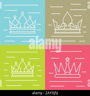 White line crown icons on color background. Linear crown for queen, vector illustration Stock Vector