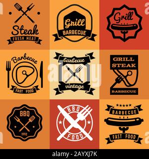 Barbecue party vintage vector emblems, labels, logos for BBQ steak posters. Barbecue grill logo and bbq badge collection. Logo label and emblem for bbq picnic illustration Stock Vector