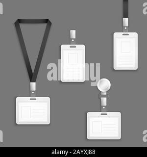 Identification white blank plastic id cards vector set. Plastic card for identification with photo. Illustration empty clip card for pass Stock Vector