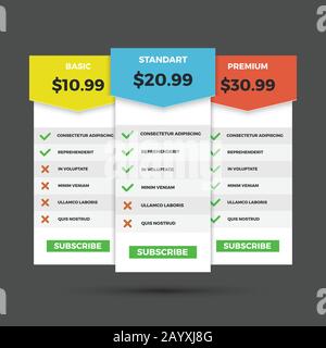 Pricing table for websites and applications vector template. Basic price, standart price and premium price table Stock Vector