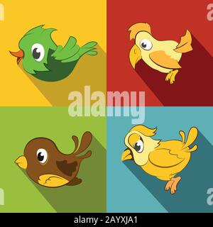 Color birds on color background with long shadow. Set of cartoon animal. Vector illustration Stock Vector