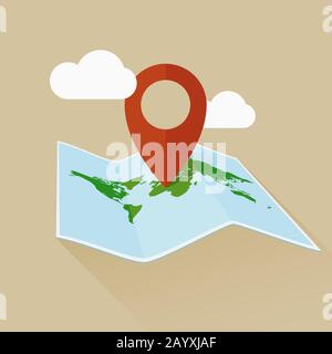 Location flat vector icon with travel map and pin. Vector map illustration Stock Vector