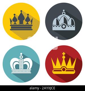 Flat crown icons with long shadow on color background. Set of royal crowns. Vector illustration Stock Vector