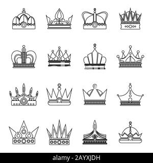 Crown vector icon set. Crowns in line art style on white Stock Vector