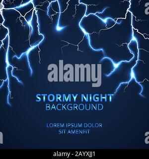 Stormy night with striking lightnings background. Electricity power and bright energy, vector illustration Stock Vector