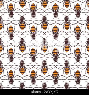 Bees vector seamless pattern over white color. Background organic and insect illustration Stock Vector