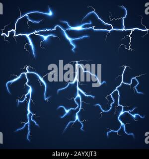 Lightning bolts over dark sky set. Storm and flash bright, summer light vector illustration Stock Vector