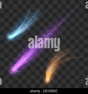 Color vector meteor and comet on transparent plaid background. Meteor in space falling and illustration glitter shiny comet or meteor Stock Vector