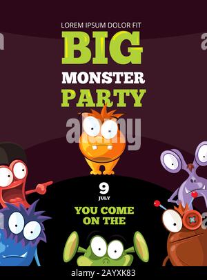 Monster party card, invitation, poster, backdrop vector template. Happy monster invitation to party and celebration banner monster party illustration Stock Vector