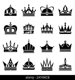 Vector silhouettes of black crowns on white background Stock Vector