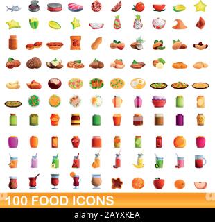 100 food icons set. Cartoon illustration of 100 food icons vector set isolated on white background Stock Vector