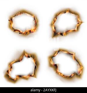 Paper on fire with burnt holes vector set. Burning parchment illustration Stock Vector