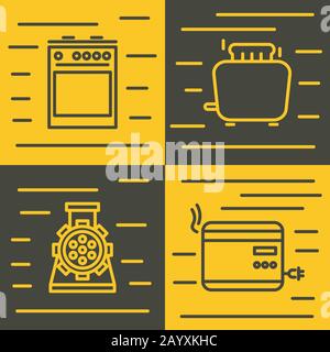 Household appliances icons in line style on yellow and brown background. Vector illustration Stock Vector