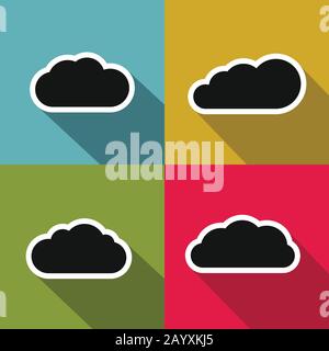 Cloud flat icons with long shadow on color background. Black clouds set. Vector illustration Stock Vector