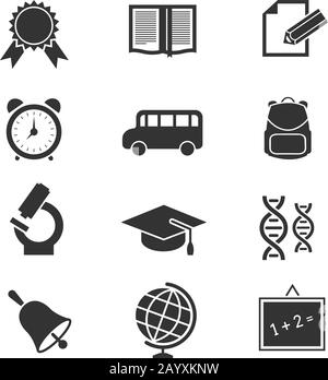 School and education vector icons. Blackboard and globe, cap and bell illustration Stock Vector