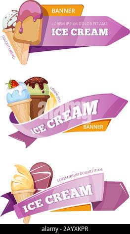 Sweet ice cream vector banners set. Ice cream in cone or on stick, banner logo for shop ice cream illustration Stock Vector